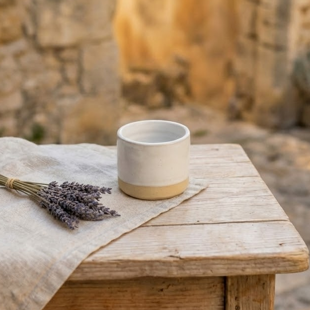 Mug artisanal en céramique blanc opaque 180ml au design contemporain. Pot à bougie réutilisable mis en scène dans une ambiance chaleureuse provençale avec lavande séchée.
