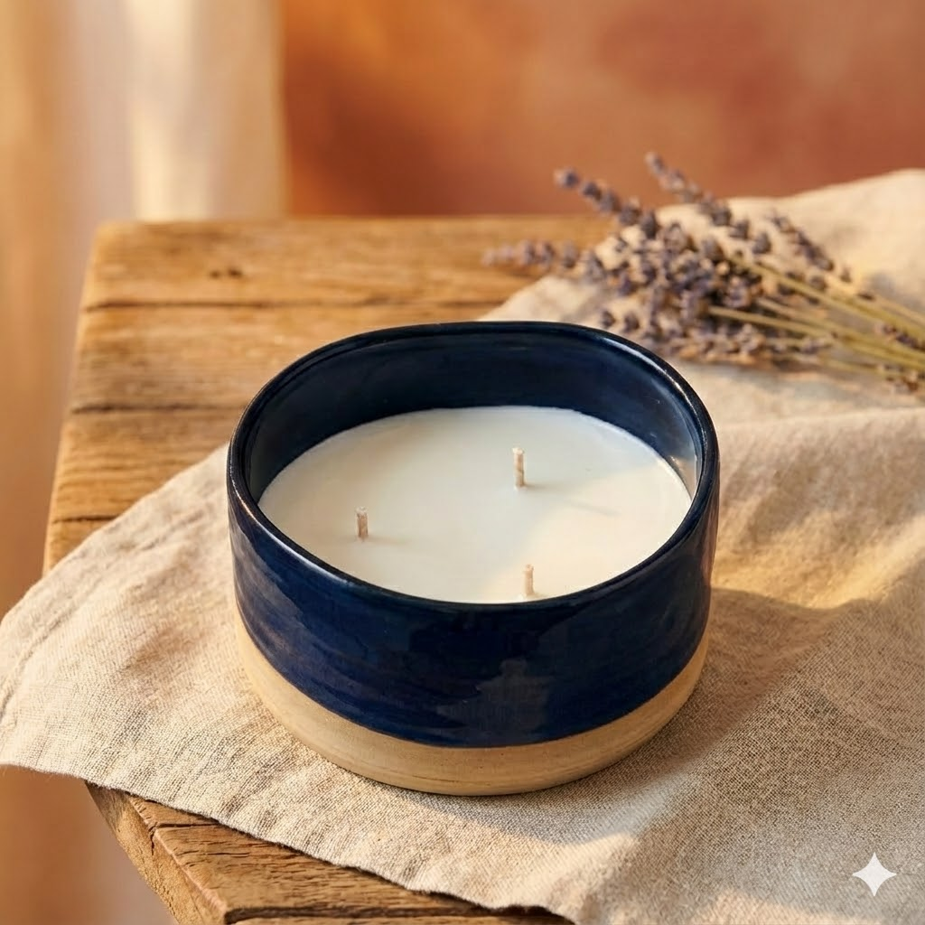 Grande bougie céramique 3 mèches rechargeable bleu nuit et beige, posée sur du lin avec lavande pour une décoration artisanale en Provence.