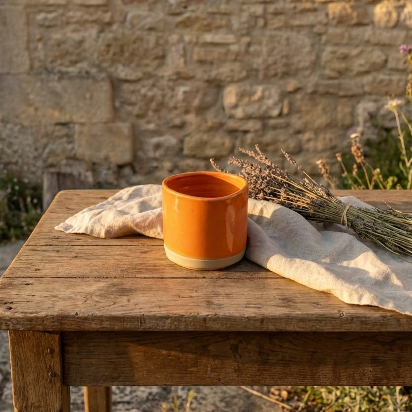 Mug artisanal en céramique vide (ancien pot à bougie rechargeable). Objet déco au design contemporain pour une ambiance chaleureuse et naturelle en Provence.