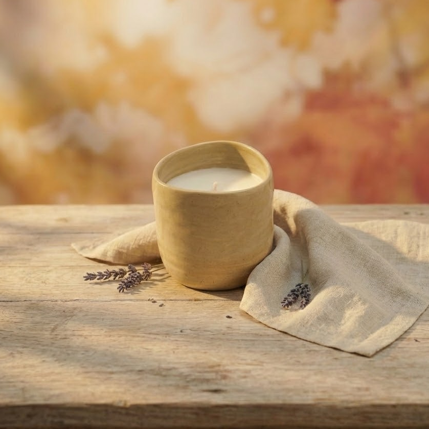 Bougie céramique rechargeable artisanale de teinte beige brute. Objet déco pour une ambiance cocooning d'automne en Provence, posée sur du lin avec de la lavande séchée.