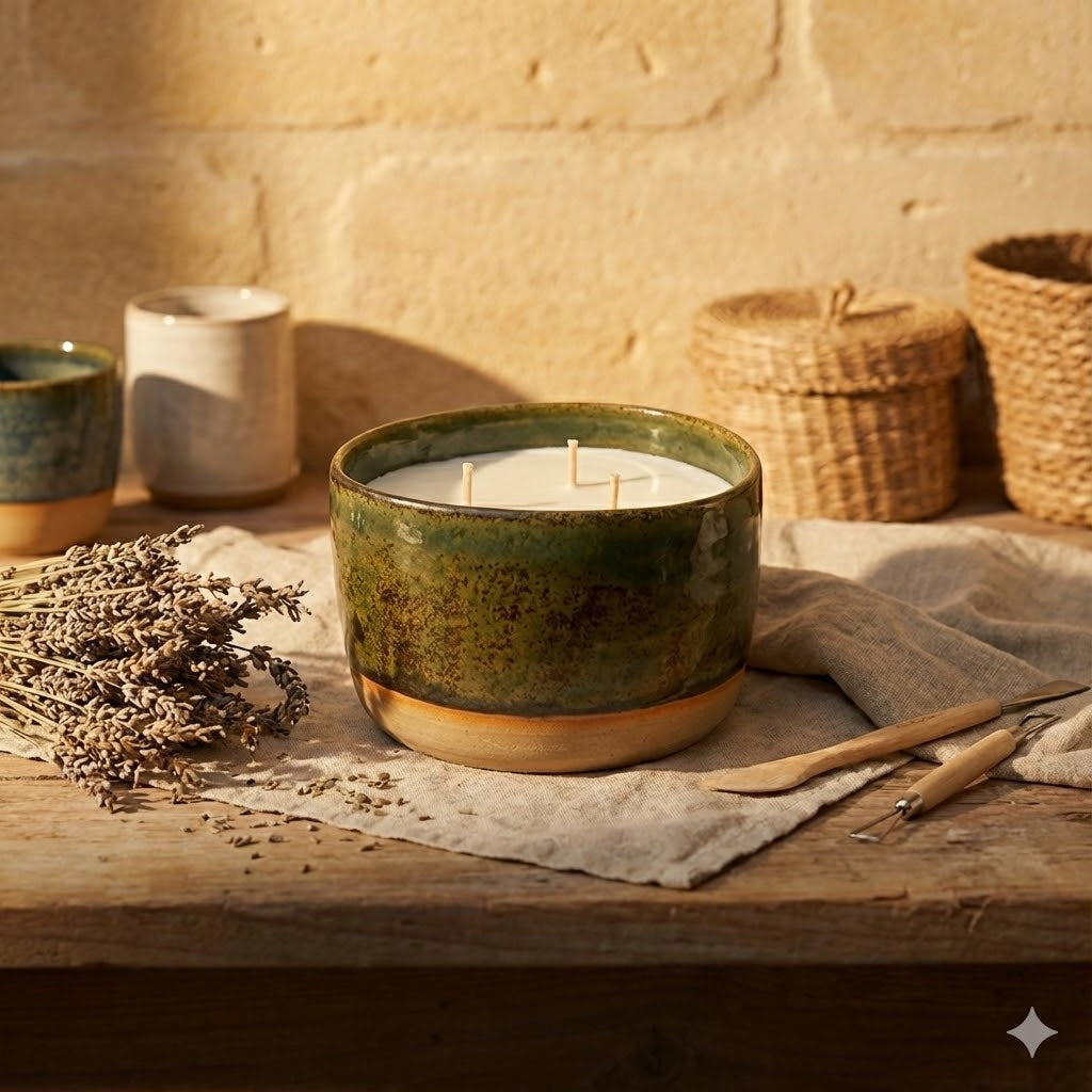 Bougie artisanale en cire végétale dans un pot en céramique rechargeable bicolore vert et terre cuite, posée sur une table en bois avec de la lavande pour une ambiance chaleureuse en Provence.