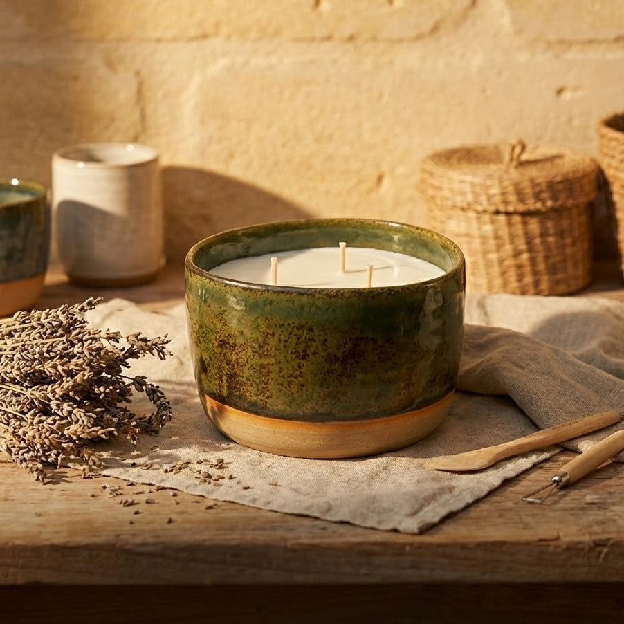 Bougie artisanale en cire végétale dans un pot en céramique rechargeable bicolore vert et terre cuite, posée sur une table en bois avec de la lavande pour une ambiance chaleureuse en Provence.