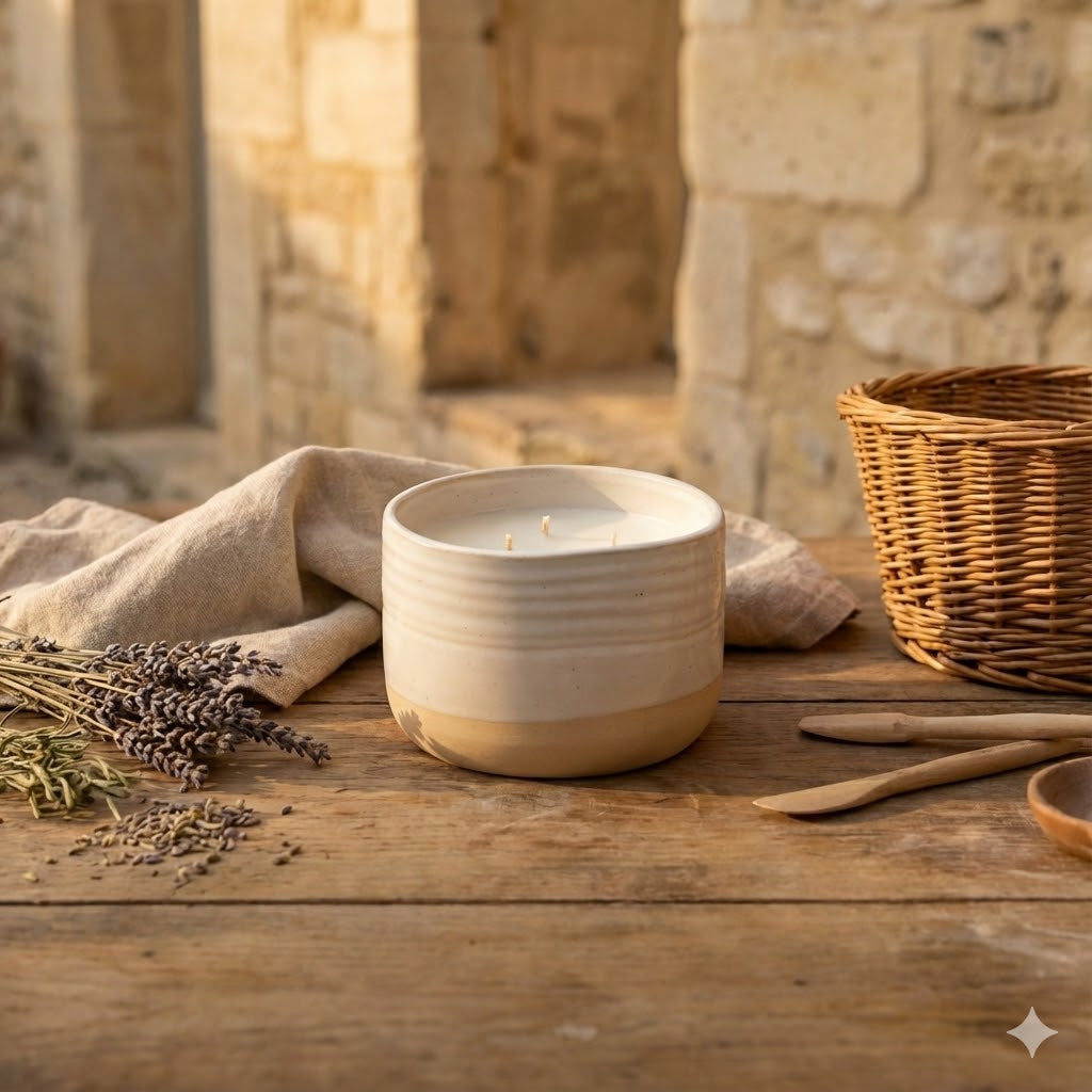 bougies artisanales en céramique rechargeable (une grande écrue à trois mèches et une petite verte) posées sur une table en bois rustique avec de la lavande, du lin et un panier, dans une ambiance chaleureuse en Provence.