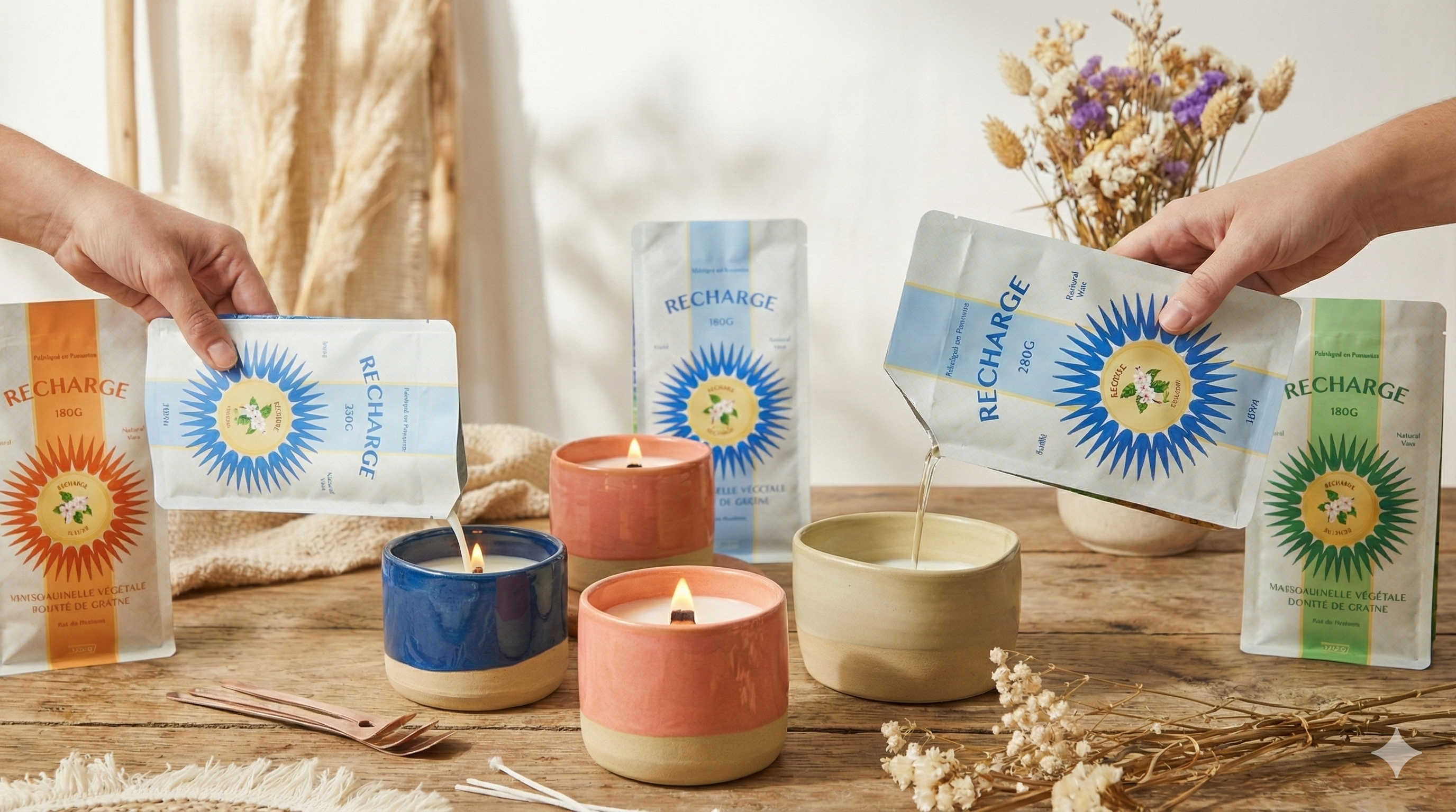 Mains versant de la cire végétale liquide de sachets de recharge dans des pots de bougie en céramique avec mèches en bois. Scène de fabrication de bougies DIY éco-responsable sur une table en bois avec décor naturel.