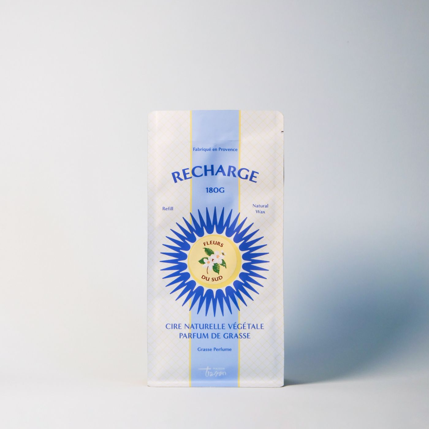 Recharge de bougie DIY Maison Tassan 180 g en cire végétale naturelle avec parfum de Grasse, senteur Fleurs du Sud, fabriquée en Provence.