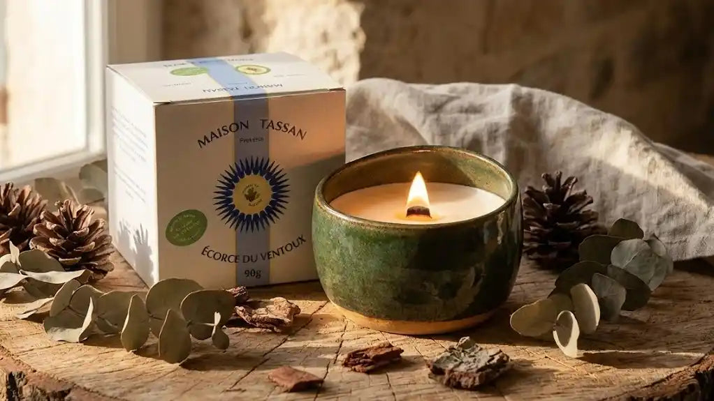 Bougie céramique rechargeable Écorce du Ventoux 90g allumée. Pot artisanal vert en grès fabriqué à Avignon avec sa boîte, ambiance nature et chaleureuse.