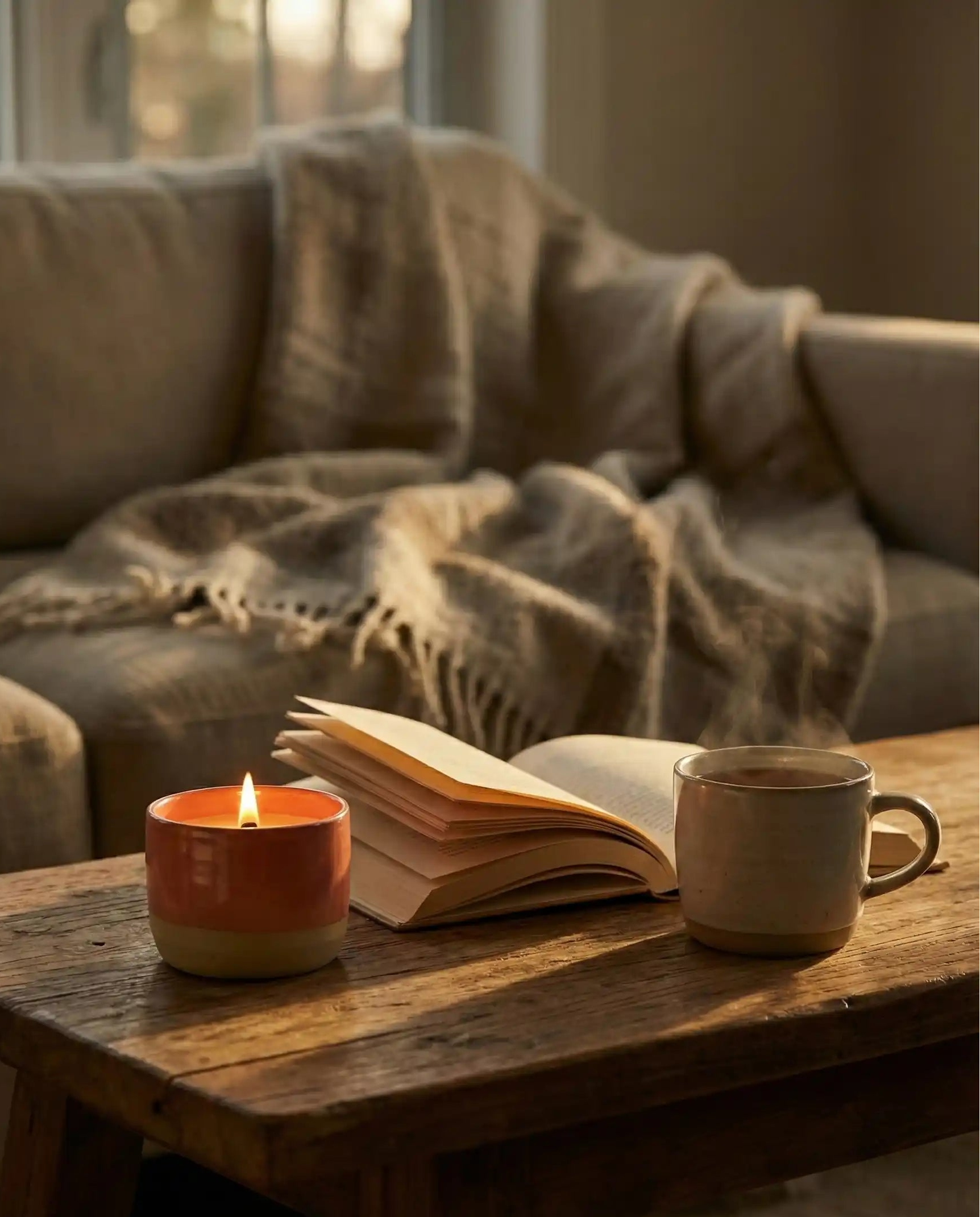 Scène cocooning avec une bougie en céramique bicolore corail et beige allumée sur une table basse en bois rustique, à côté d'un livre ouvert et d'une tasse de thé fumante. Un plaid en laine beige est drapé sur un canapé en arrière-plan, sous une lumière dorée de fin de journée. Ambiance chaleureuse et hygge.