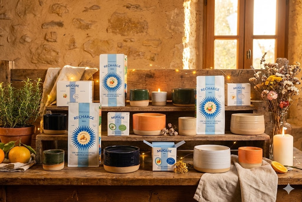 Gamme complète de bougies parfumées rechargeables Maison Tassan avec pots en céramique artisanale et sachets de recharge de cire végétale.