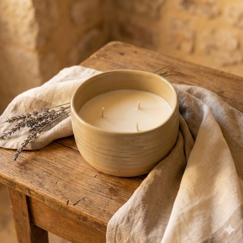 Grande bougie céramique 3 mèches rechargeable beige, posée sur une table en bois avec lin et lavande pour une ambiance cocooning en Provence.
