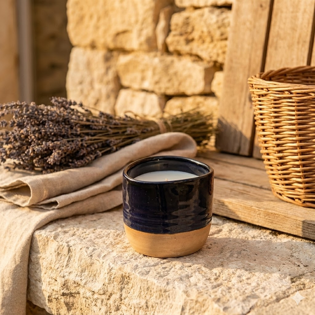 Bougie céramique artisanale rechargeable bicolore, présentée avec de la lavande séchée sur un mur de pierres pour une ambiance chaleureuse en Provence.