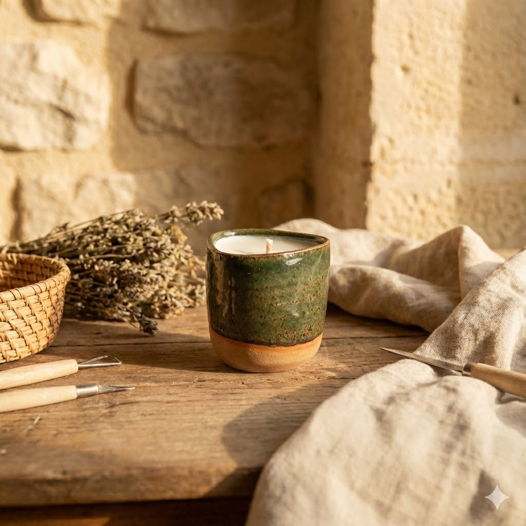 Bougie artisanale en cire végétale dans un pot en céramique rechargeable bicolore vert et terre cuite, posée sur une table en bois avec de la lavande pour une ambiance chaleureuse en Provence.