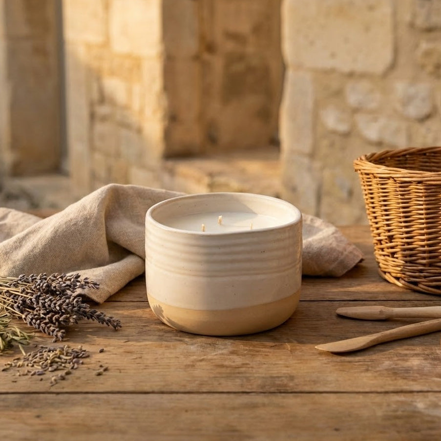 bougies artisanales en céramique rechargeable (une grande écrue à trois mèches et une petite verte) posées sur une table en bois rustique avec de la lavande, du lin et un panier, dans une ambiance chaleureuse en Provence.