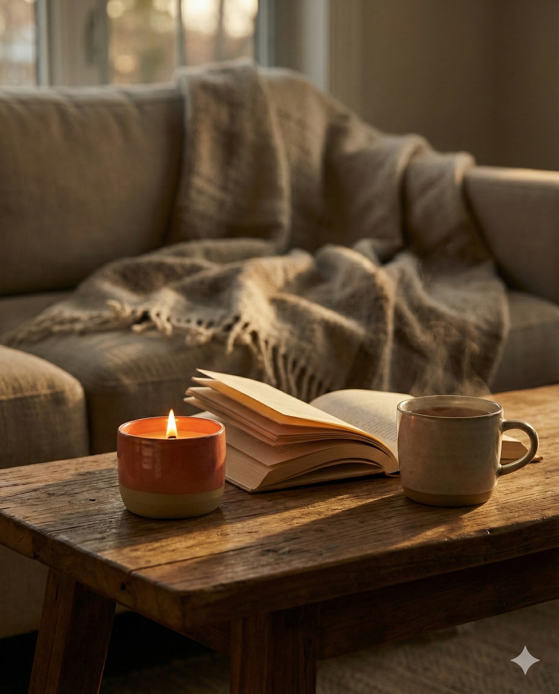 Scène cocooning avec une bougie en céramique bicolore corail et beige allumée sur une table basse en bois rustique, à côté d'un livre ouvert et d'une tasse de thé fumante. Un plaid en laine beige est drapé sur un canapé en arrière-plan, sous une lumière dorée de fin de journée. Ambiance chaleureuse et hygge.