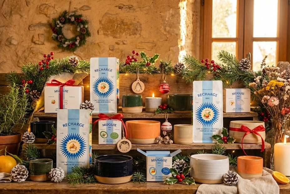 Assortiment de bougies céramiques rechargeables et recharges cire végétale 'Parfum de Grasse' dans une ambiance de Noël chaleureuse et cocooning en Provence. Pots artisanaux design aux couleurs variées sur une table en bois.