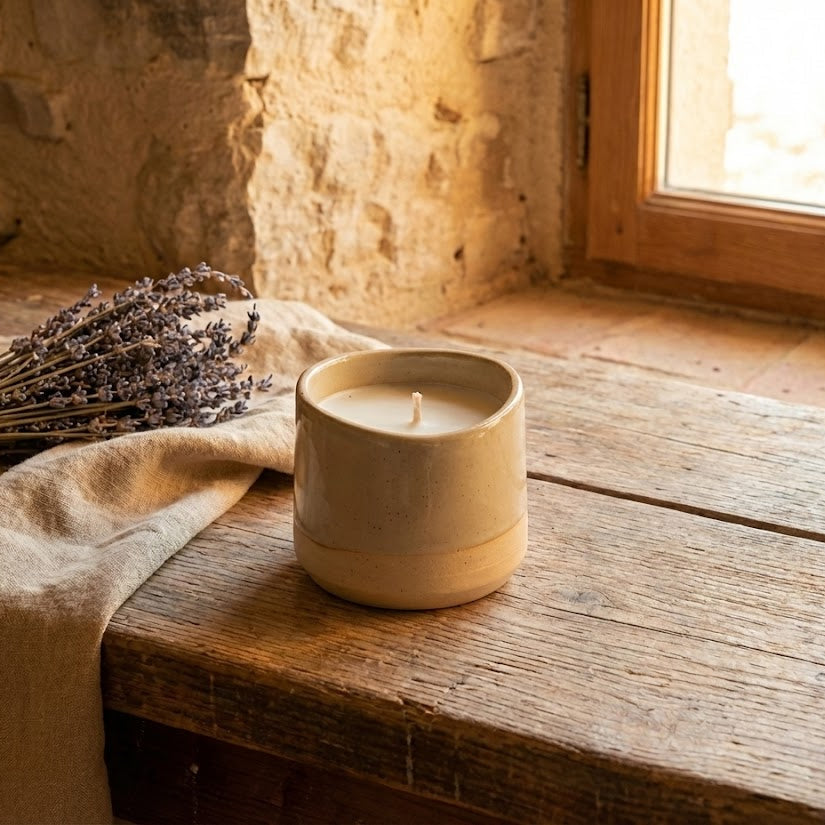 etite bougie céramique artisanale rechargeable (90g) au glaçage vert forêt et base brute, posée sur une table en bois avec de la lavande et des outils de potier, évoquant une ambiance authentique en Provence.
